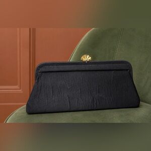 Vintage Clutch Long Black Fabric Purse Faux Gold Tone Fan Clasp